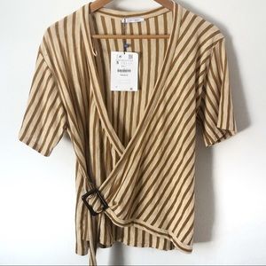 Zara Trufalec Short Sleeve Wrap Sweater Top Belted Beige Tan Stripes NWT